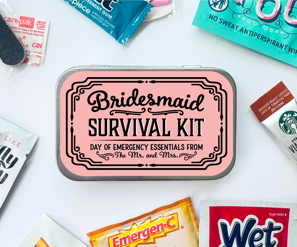 Pink Bridesmaid Survival Kit in a Tin wedding day emergency kit