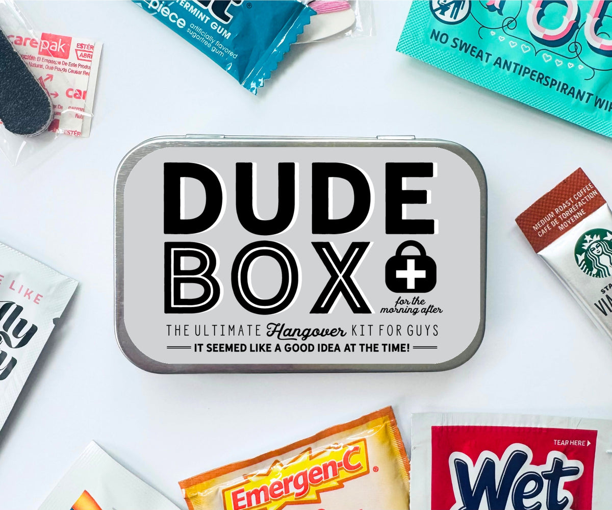 Dude Box survival and hangover kit for guys in a tin